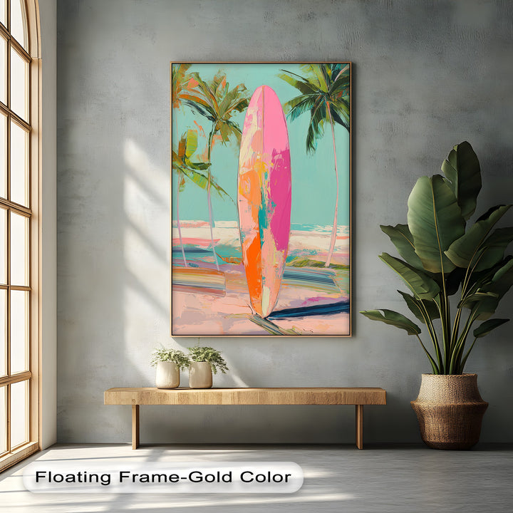 Sunset Ride – Vibrant Surfboard Beach Scene Canvas Print