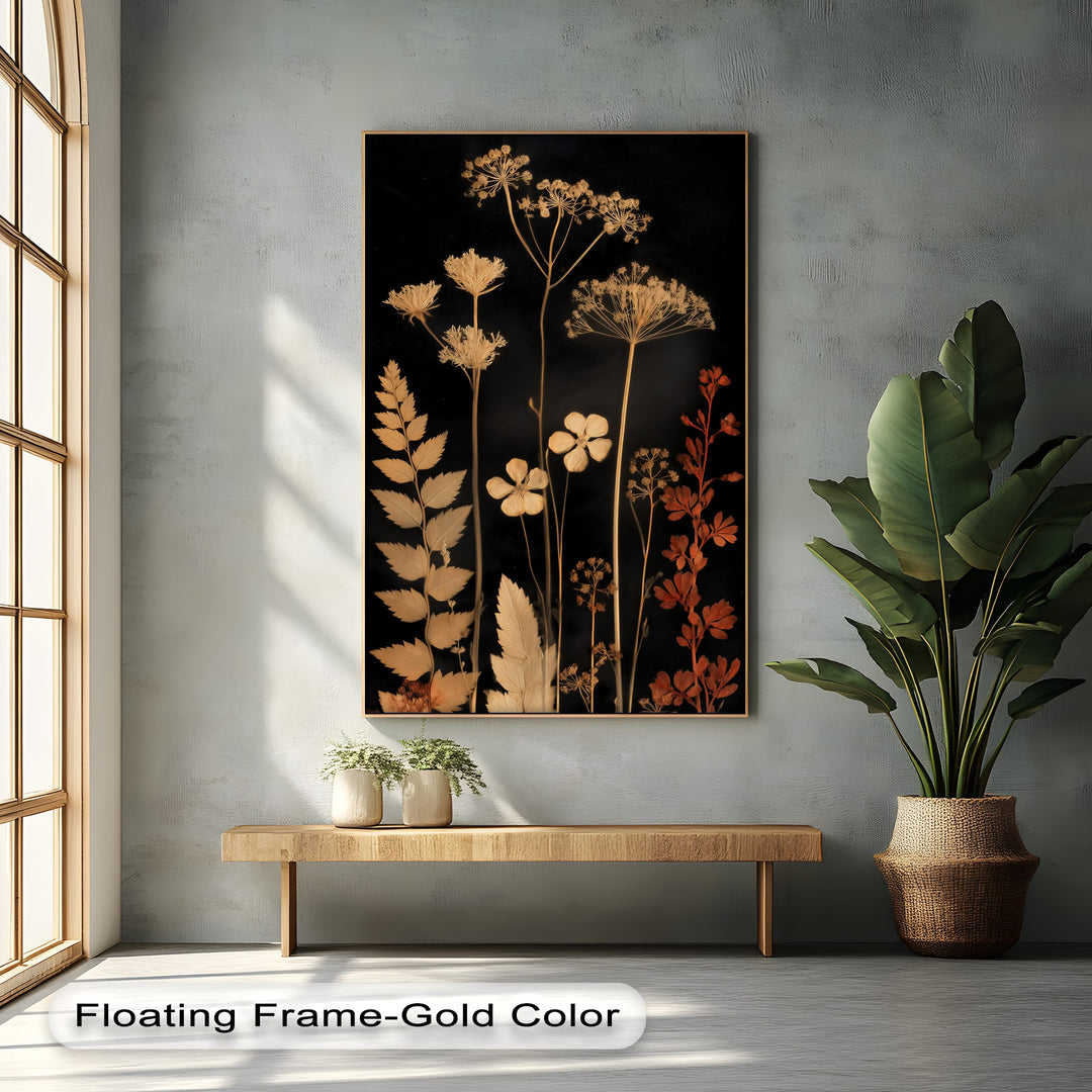 Sunlight highlights the elegant botanical silhouette in this canvas painting, bringing focus to the dark floral nature wall art.