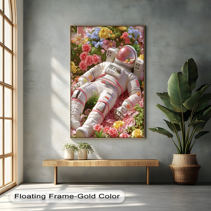 Astronaut Resting in a Garden of Flowers - Pink Canvas Print