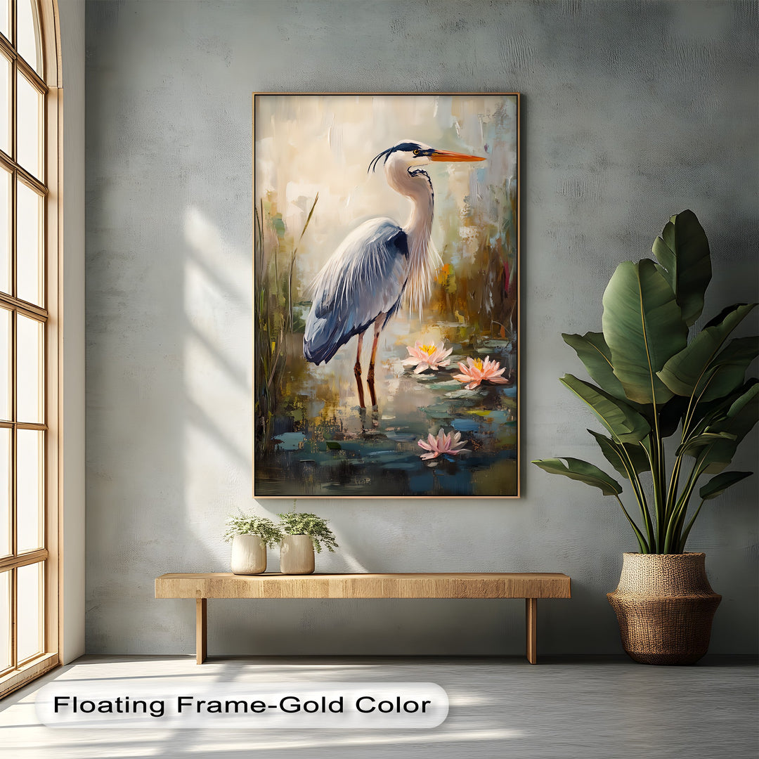 Graceful Heron Among Lilies – Serene Wildlife Canvas Print