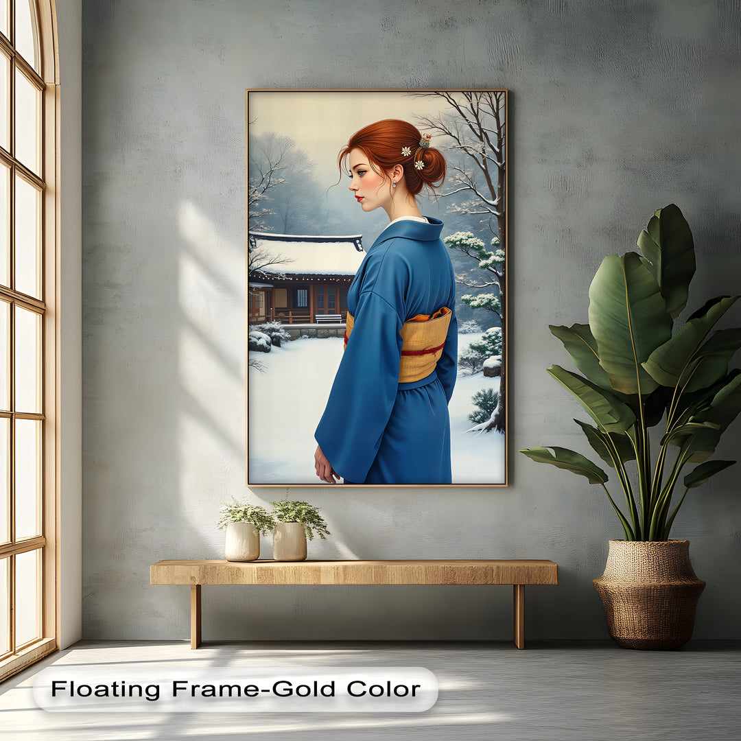 Winter Serenity – Japanese Woman in Blue Kimono Canvas Print | Framed Art
