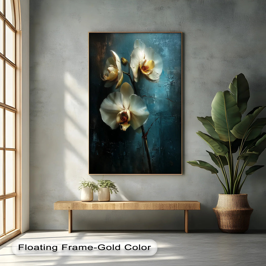 White Orchids in Golden Glow – Elegant Botanical Canvas Print - MyPhotoStation