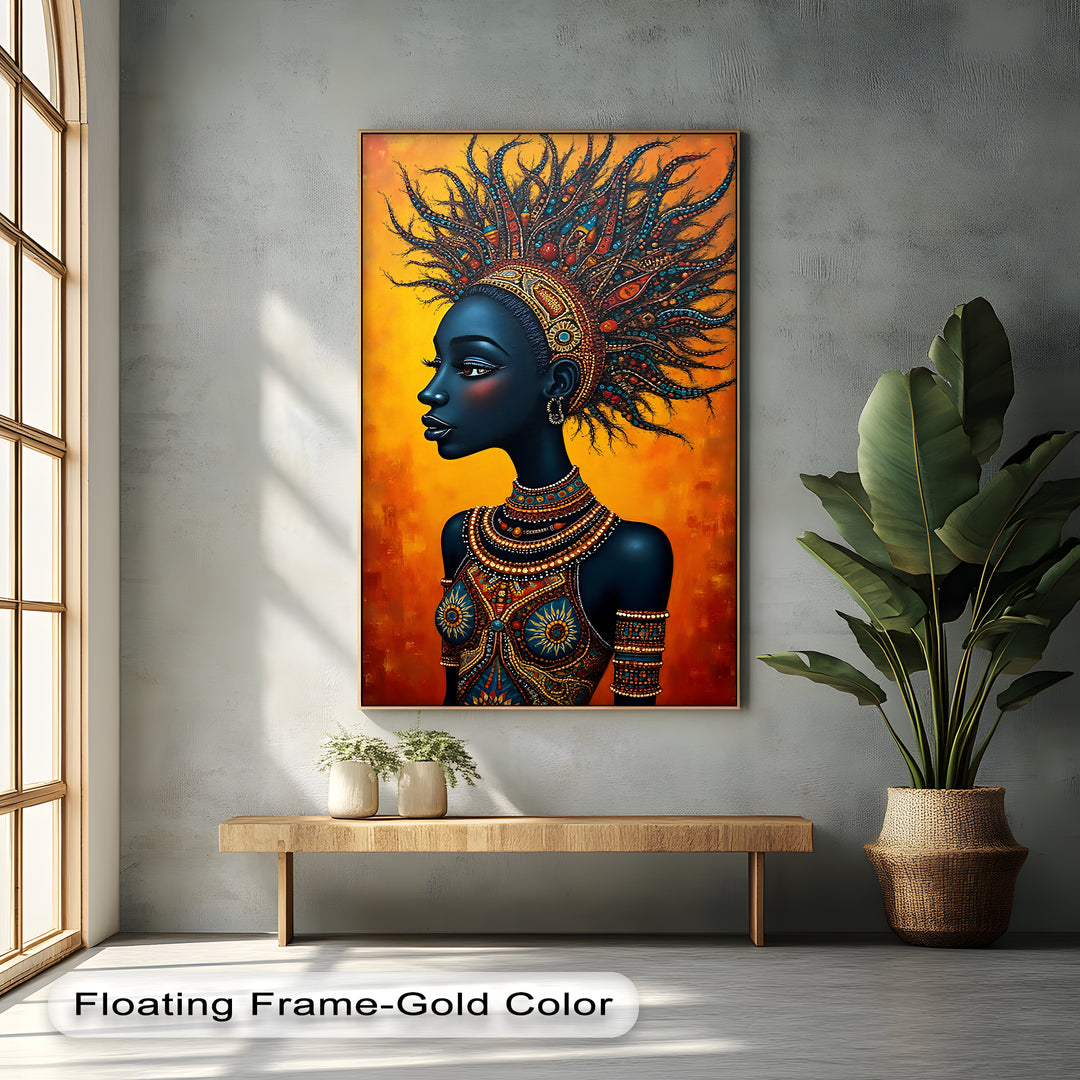 Regal African Queen – Beaded Tribal Portrait Canvas Wall Art | Framed Art