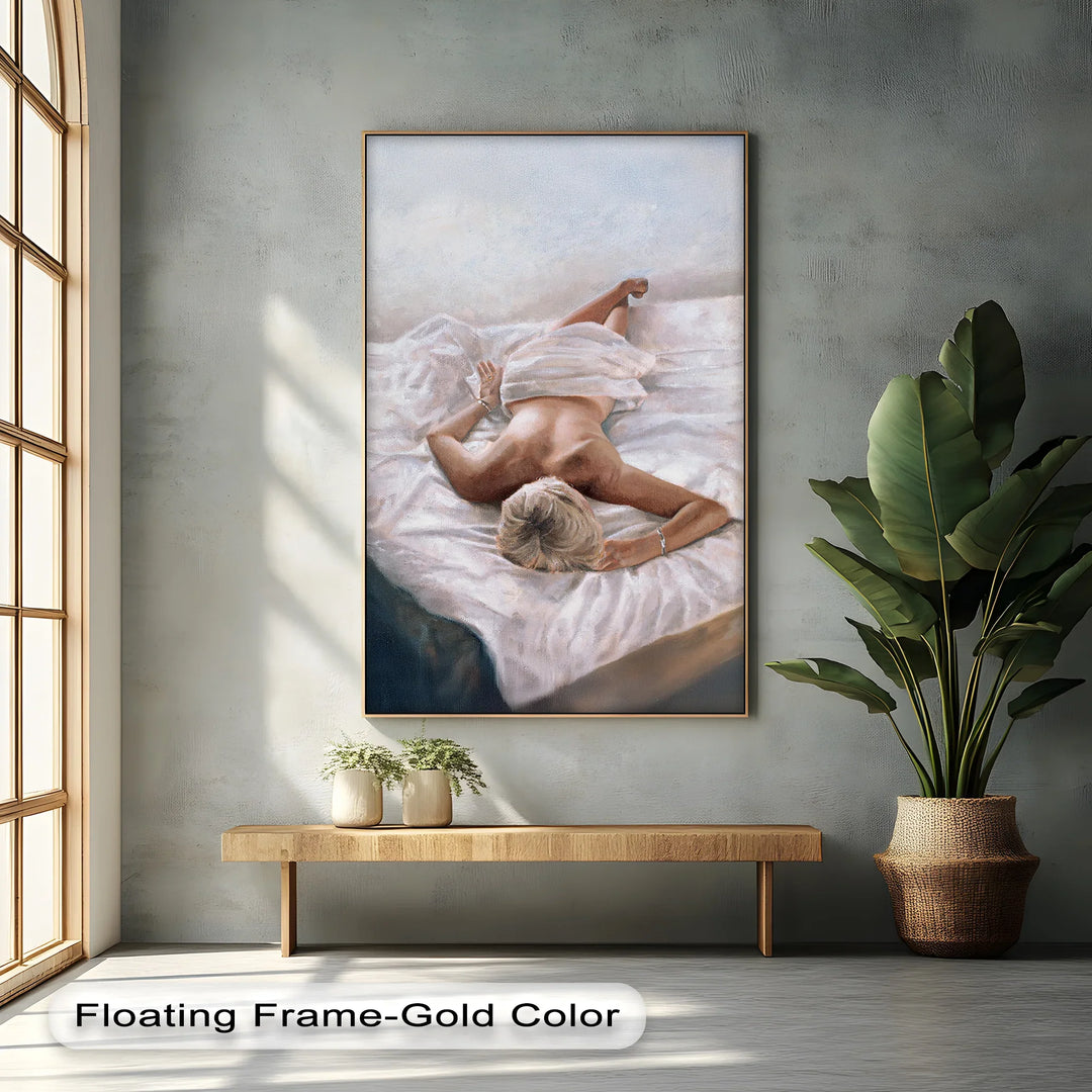 Quiet Morning – Reclining Nude on White Sheets Canvas Print - MyPhotoStation