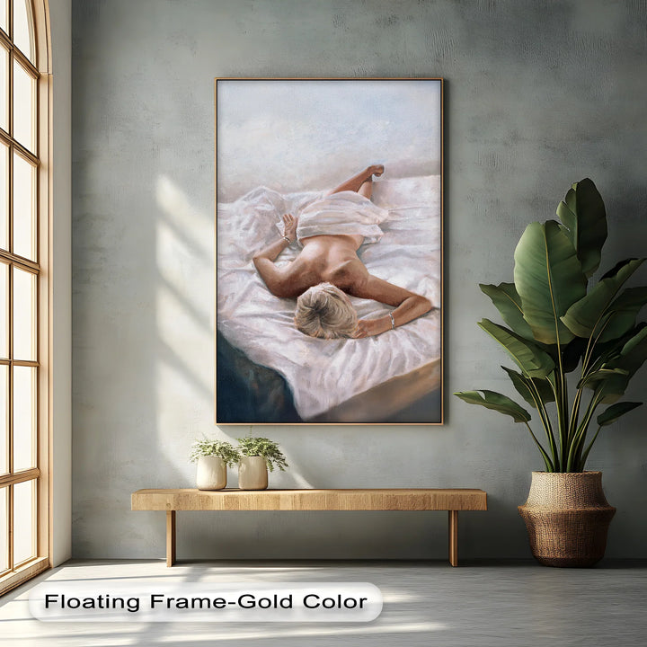 Quiet Morning – Reclining Nude on White Sheets Canvas Print - MyPhotoStation