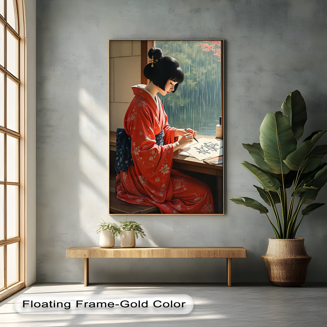 Graceful Serenity – Japanese Woman in Kimono Canvas Wall Art | Framed Art