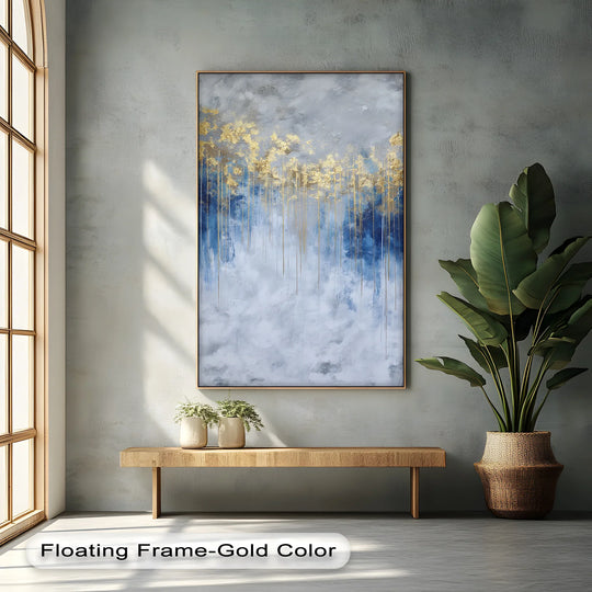 Contrasting gold and stormy blue hues highlight the captivating artistic design of this luxurious abstract canvas print, one of the best canvas prints for a modern home.