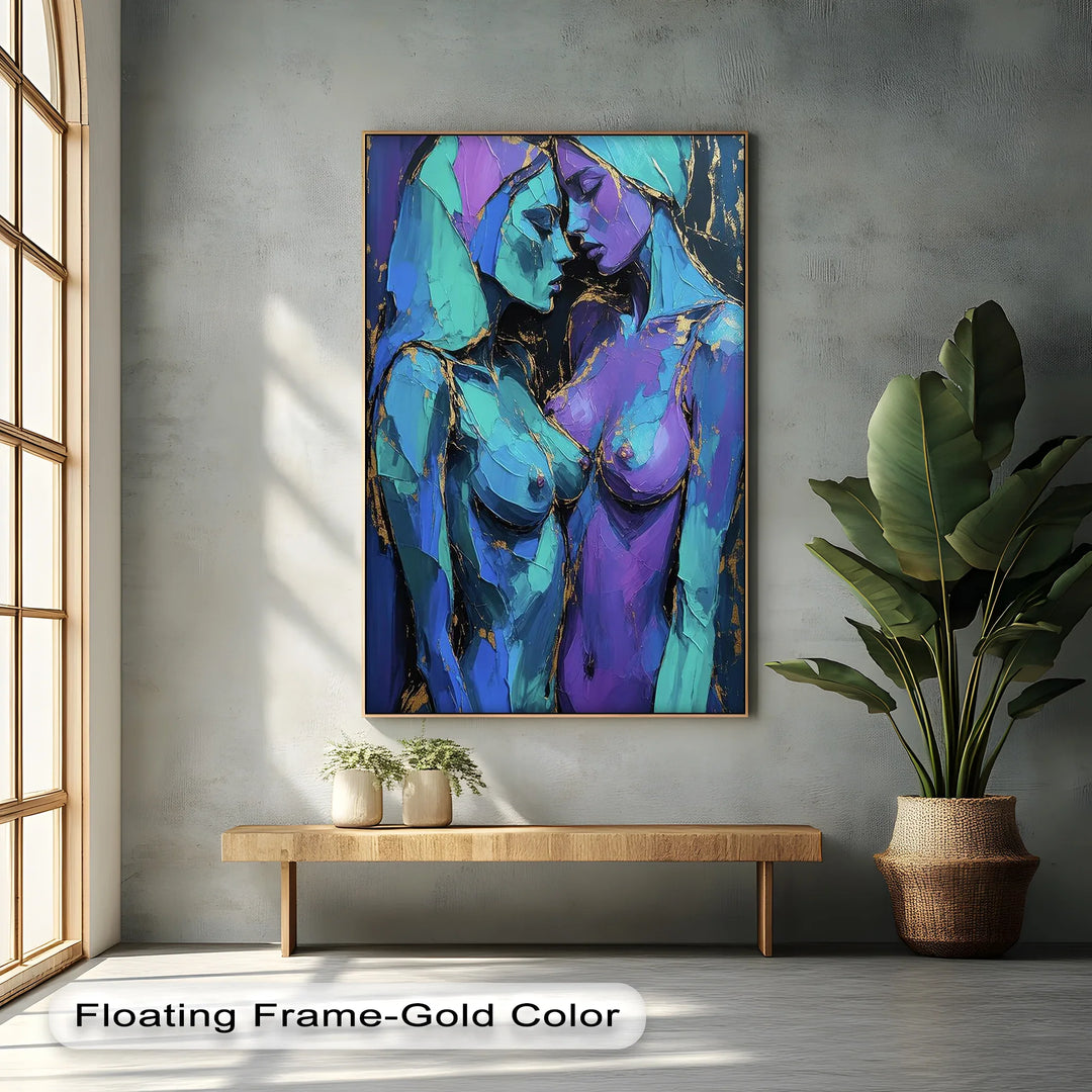 Electric Intimacy – Dual Female Figures in Blue and Violet Canvas Print - MyPhotoStation