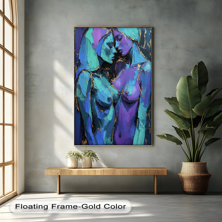 Electric Intimacy – Dual Female Figures in Blue and Violet Canvas Print - MyPhotoStation