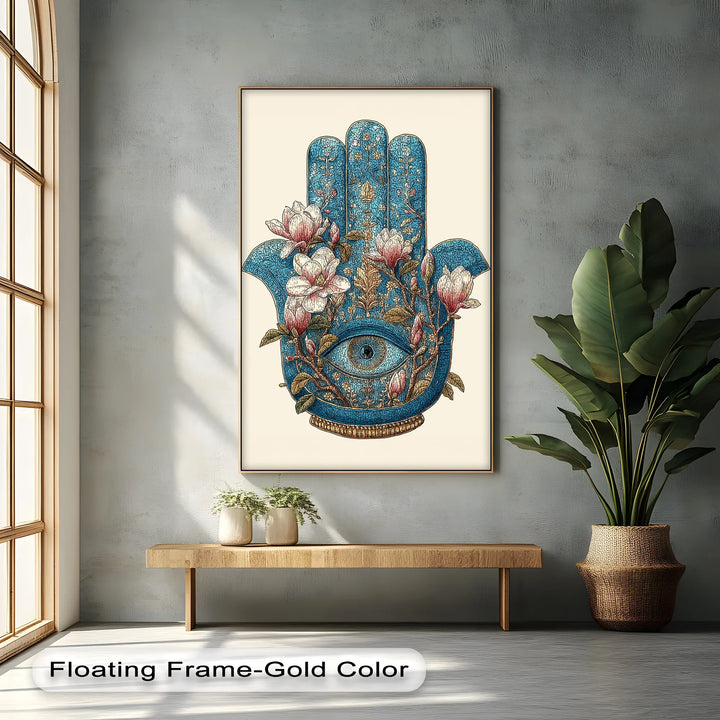 Sacred Hamsa Bloom – Blue Floral Hand with Eye Canvas Print - MyPhotoStation