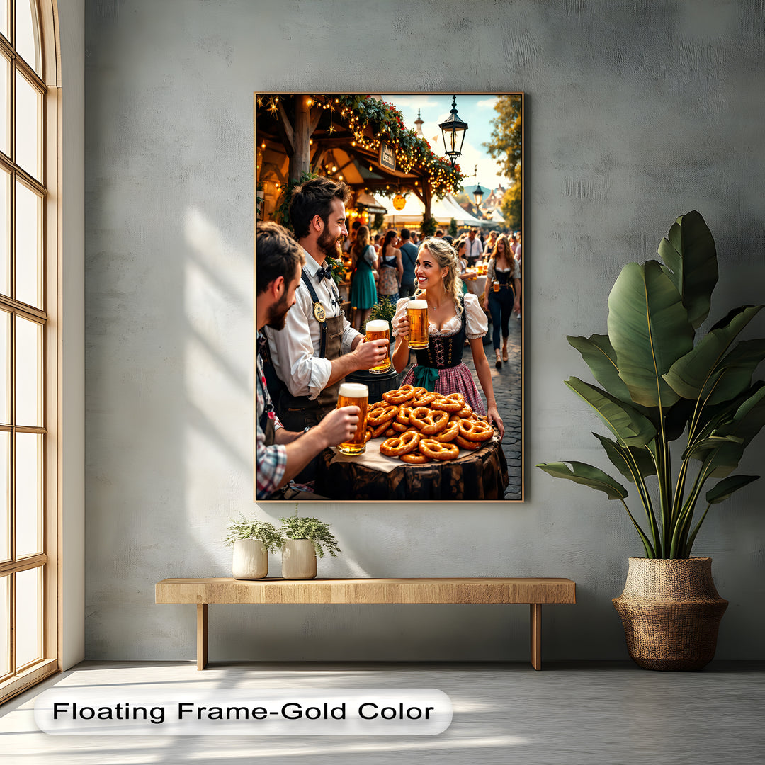 Oktoberfest Celebration – Beer and Pretzel Canvas Wall Art | Framed Art