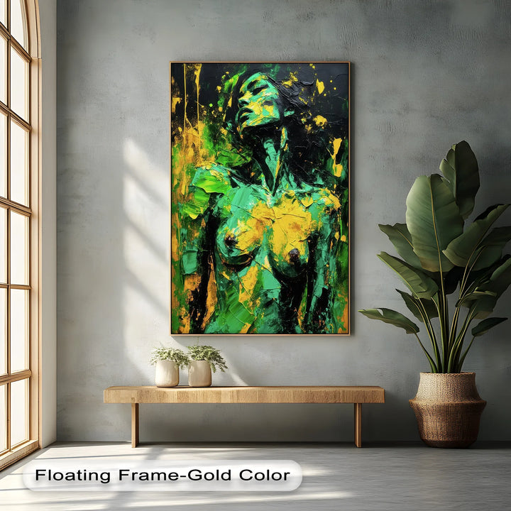 Verdant Awakening – Green and Yellow Abstract Nude Canvas Print - MyPhotoStation