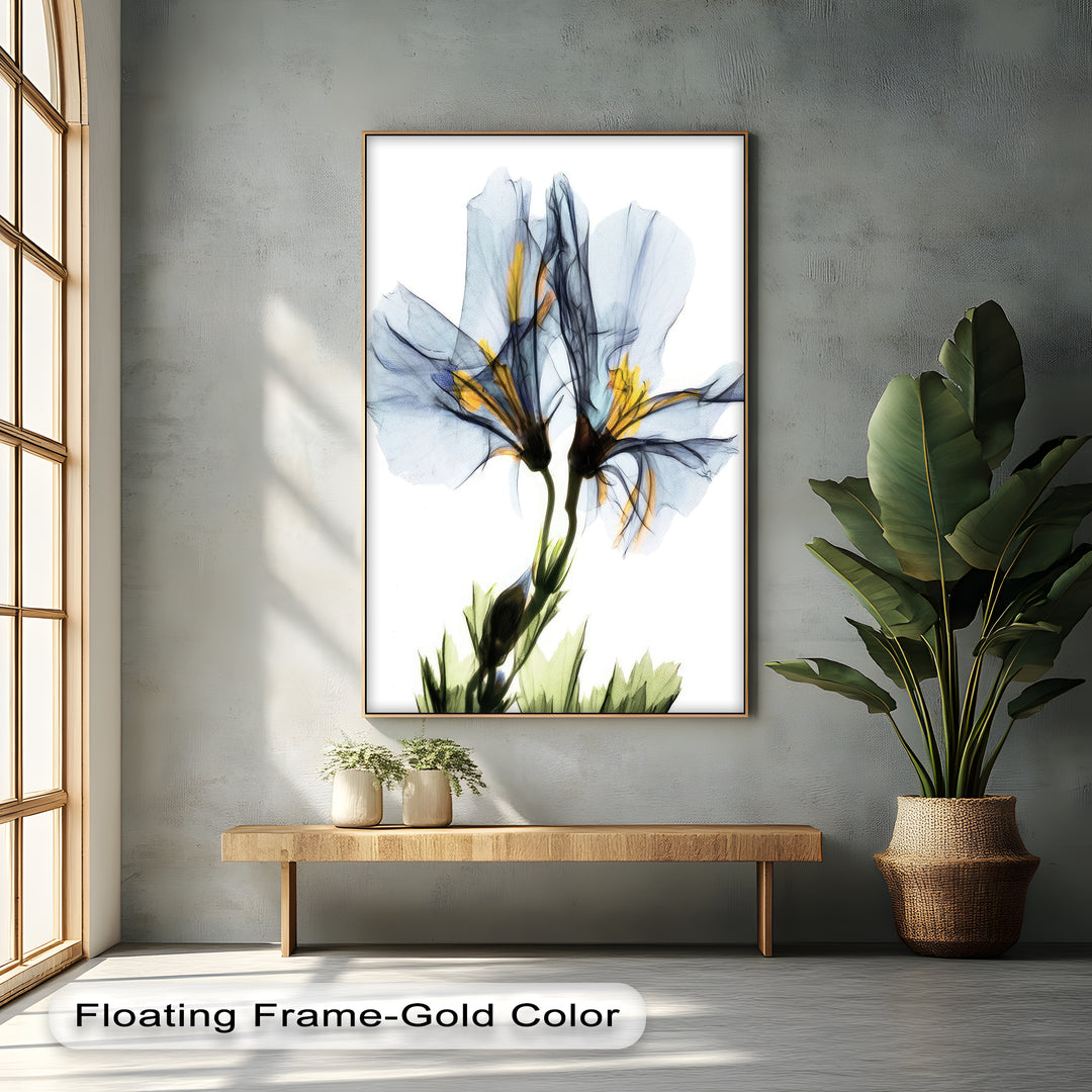 Winterliche Ruhe – Japanische Frau im blauen Kimono, Leinwanddruck | Gerahmtes Kunstwerk