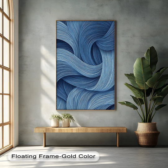 Abstract composition of swirling blue lines showcases a unique canvas print, adding texture and depth to the modern artwork.