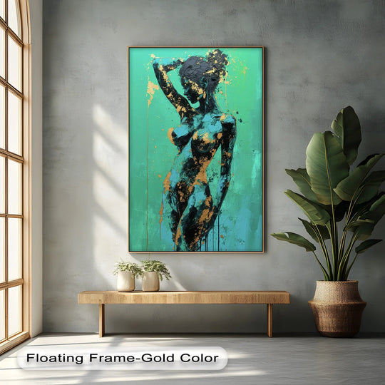 Teal hues dominate this Golden Muse abstract nude art as canvas pictures highlight the elegant gold accents in this captivating canvas print.