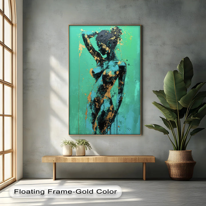 Golden Muse – Teal and Gold Abstract Nude Canvas Print - MyPhotoStation