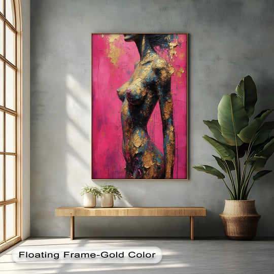Organic shapes define this textured abstract female figure on a vibrant pink and gold big canvas prints, showcasing a modern artwork.