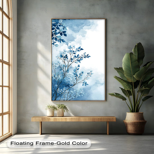 Evoking the abstract quality of watercolor, this big canvas prints art features blue mist botanical designs, suggesting delicate leaves against a sky-toned backdrop.