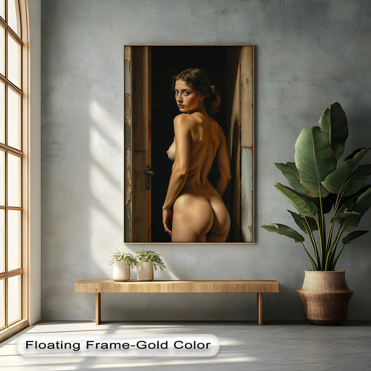 The realistic detail in this erotic canvas wall art print captures the sensual pose of a nude woman, showcasing the artist's mastery of light and shadow in the gold composition.