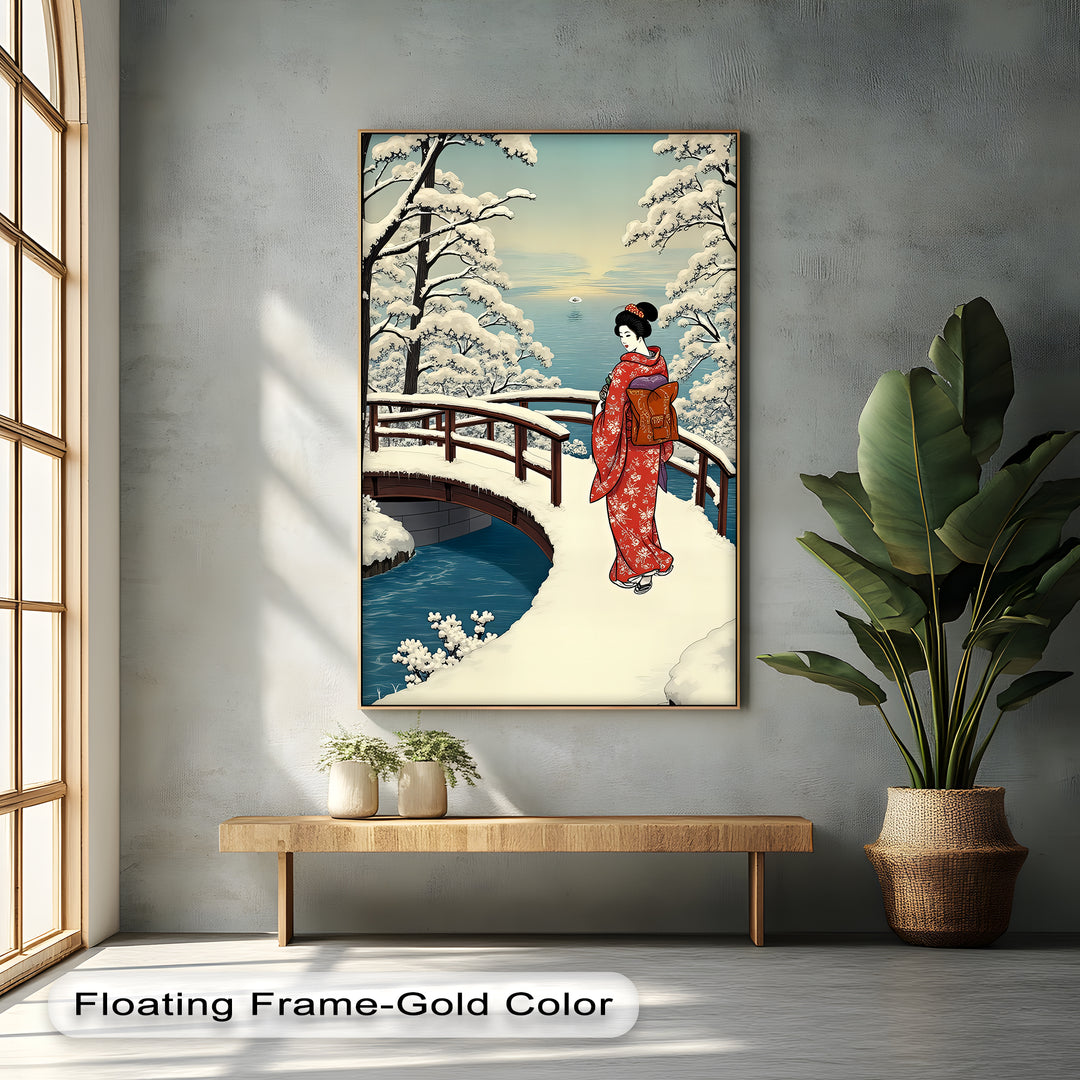 Snowy Bridge Serenity – Japanese Geisha Winter Canvas Print | Framed Art