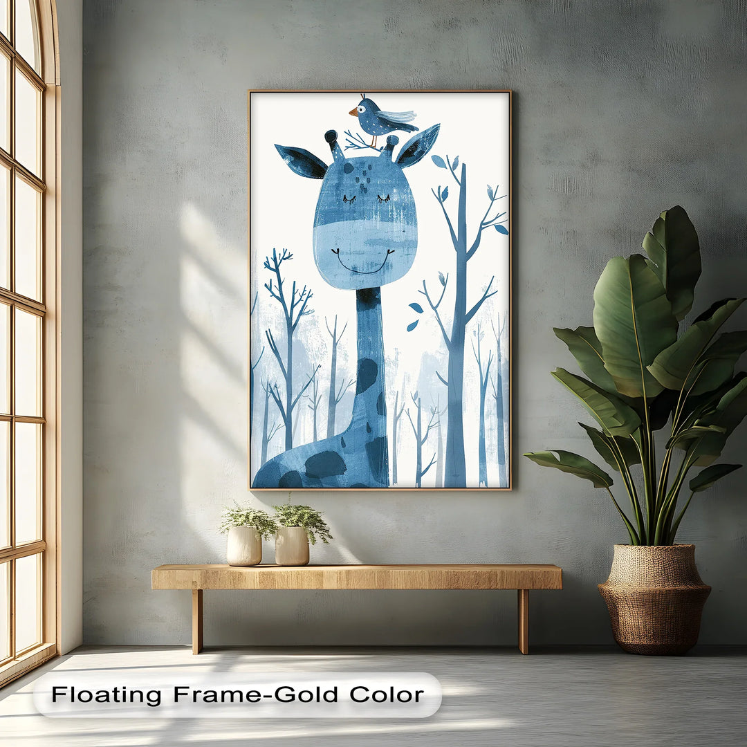 Whimsical Giraffe & Bird in Blue Forest – Kids Animal Blue Canvas Prints - MyPhotoStation