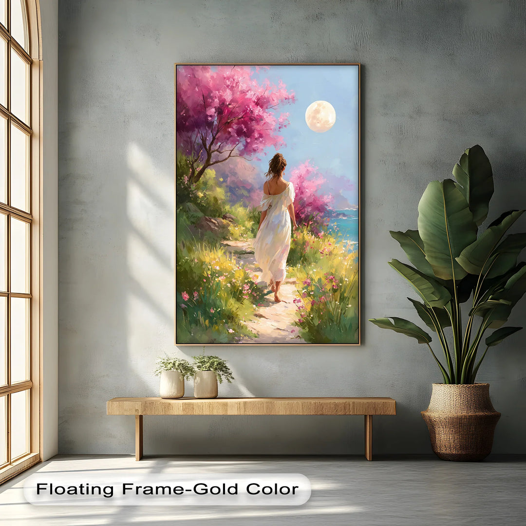 Moonlit Garden Stroll – Romantic Woman in Blossoming Landscape Canvas Print - MyPhotoStation