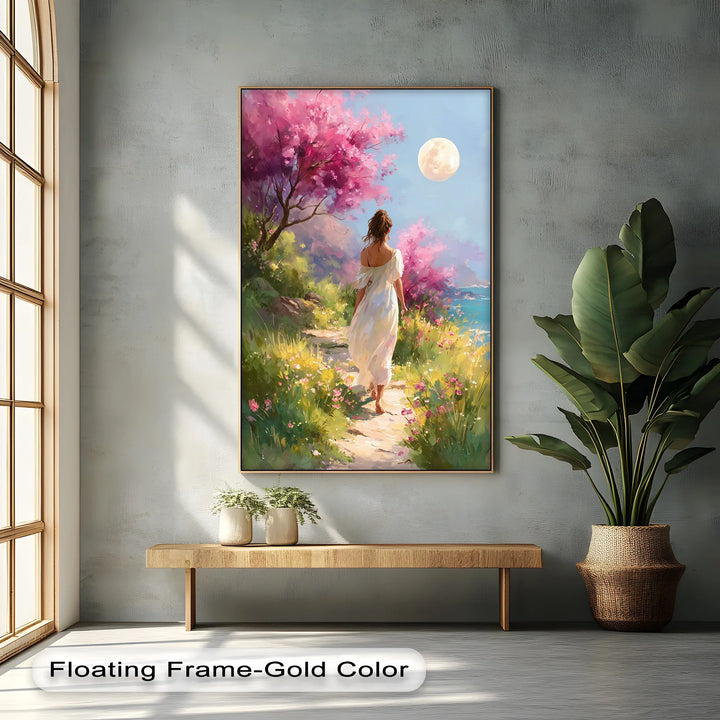 Moonlit Garden Stroll – Romantic Woman in Blossoming Landscape Canvas Print - MyPhotoStation