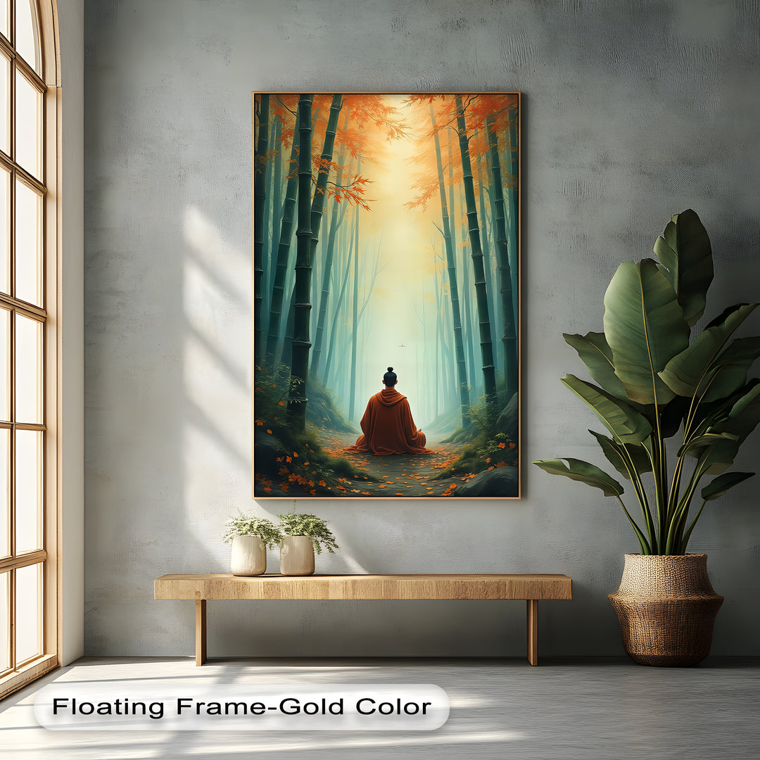 Zen Serenity – Monk in Bamboo Forest Canvas Wall Art | Framed Artwork