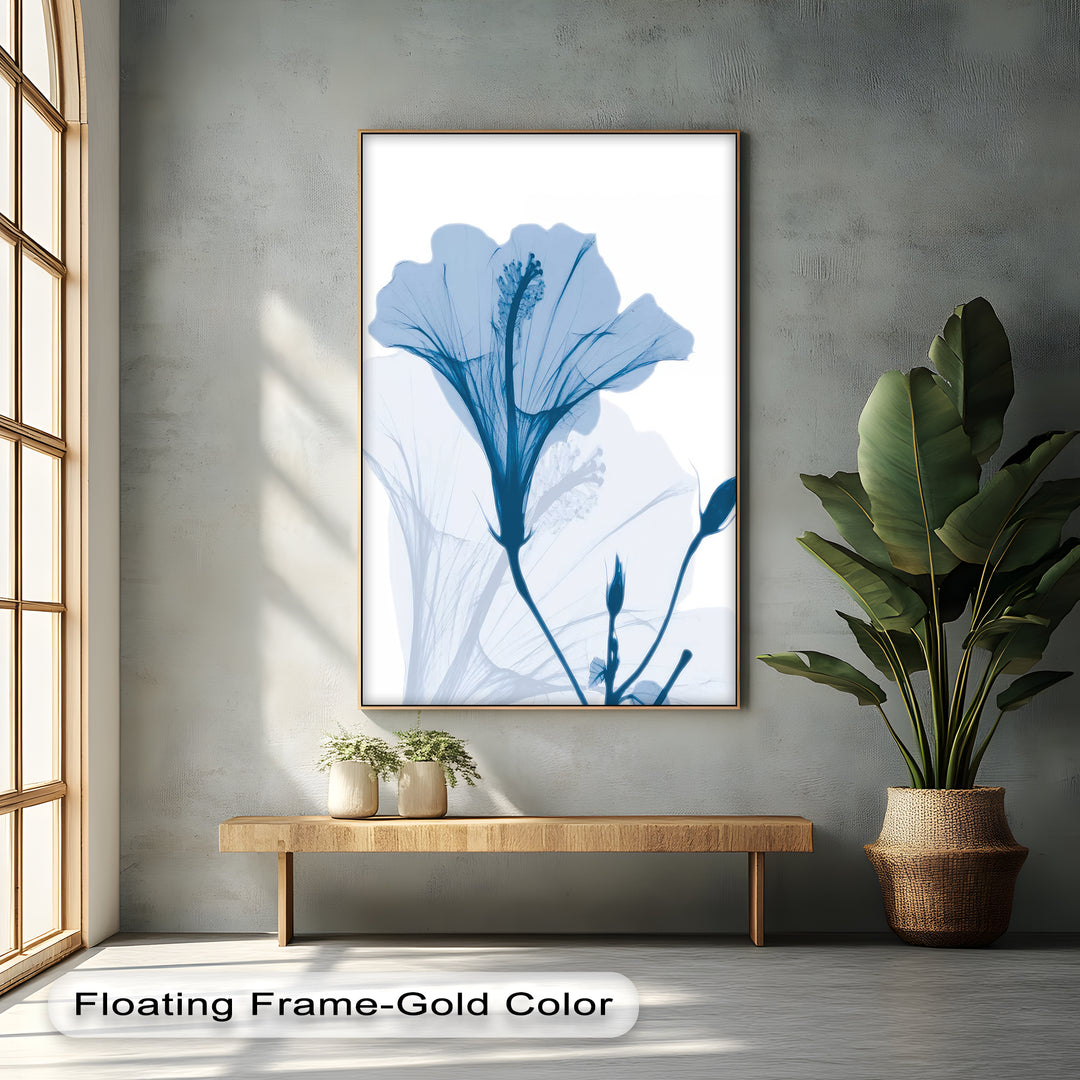 Winterliche Ruhe – Japanische Frau im blauen Kimono, Leinwanddruck | Gerahmtes Kunstwerk