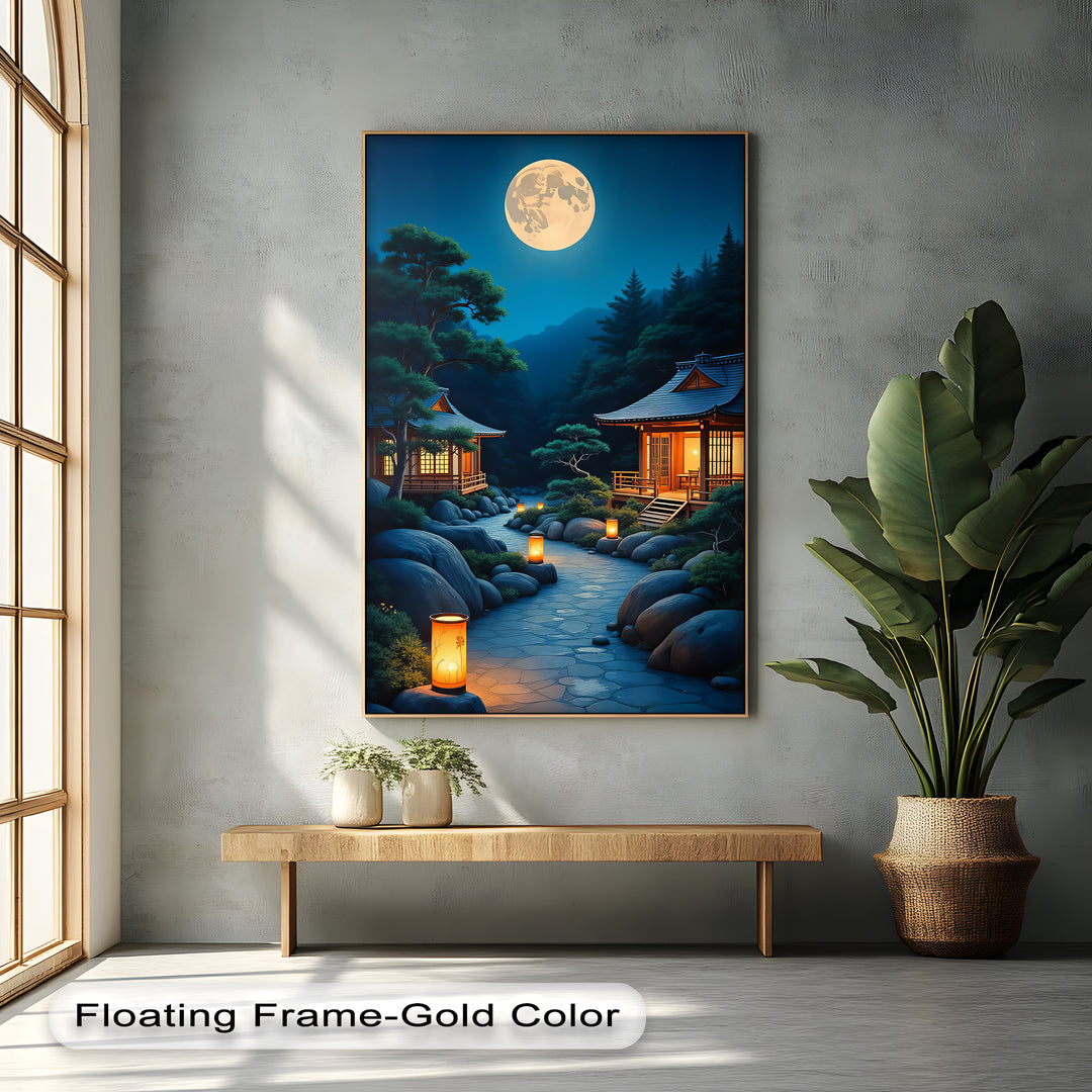 Moonlit Serenity – Japanese Zen Temple Canvas Wall Art | Framed Art