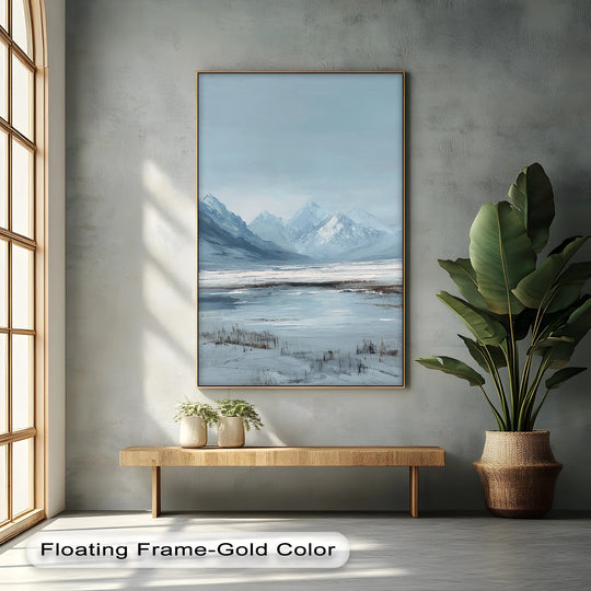 Delicate brushstrokes define foreground details in this Silent Peaks canvas print, showing the snowy mountain landscape as captivating canvas pictures.