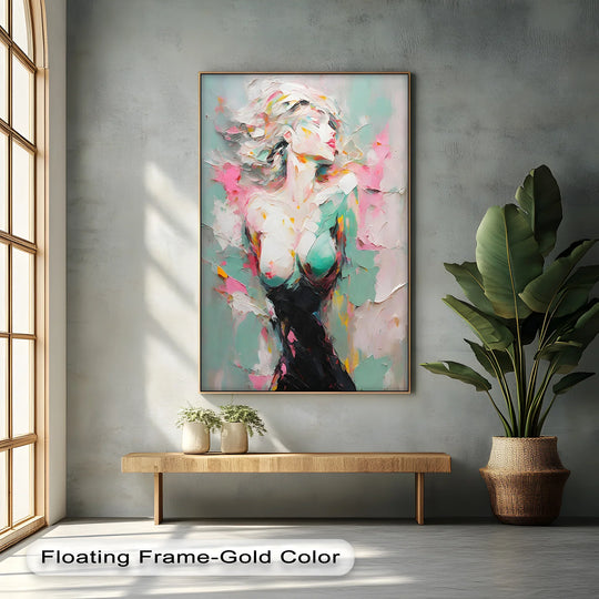 Foreground detail highlights the dreamlike grace of this abstract female figure canvas print, a unique canvas print featuring an erotic design displayed in a stylish setting.
