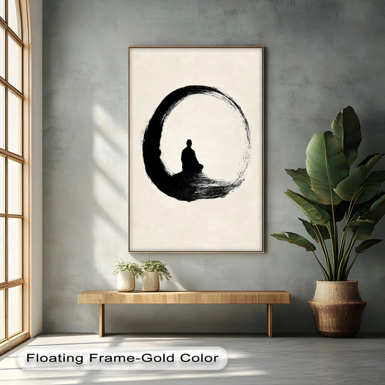 Zen Circle with Meditating Figure – Minimalist Japanese Ink Canvas Print - MyPhotoStation