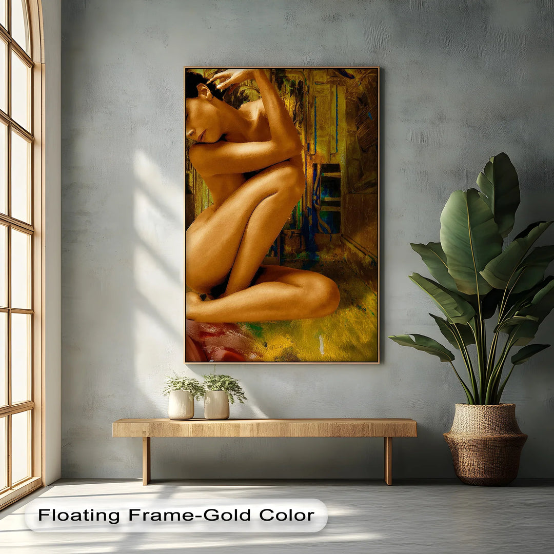 Golden Solitude – Abstract Nude Woman in Crouched Pose Canvas Print - MyPhotoStation