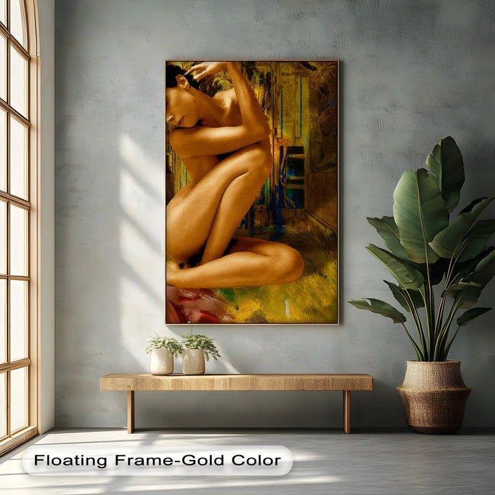 Golden Solitude – Abstract Nude Woman in Crouched Pose Canvas Print - MyPhotoStation