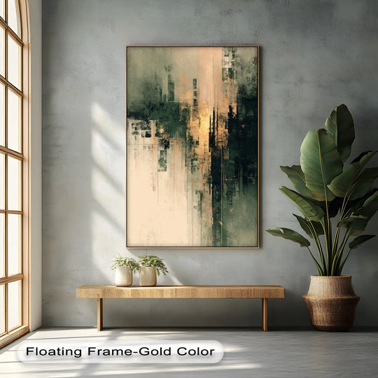 The urban fade abstract canvas artwork features a slim gold floating frame that accentuates the textured green and gold tones and clean borders of the contemporary print.