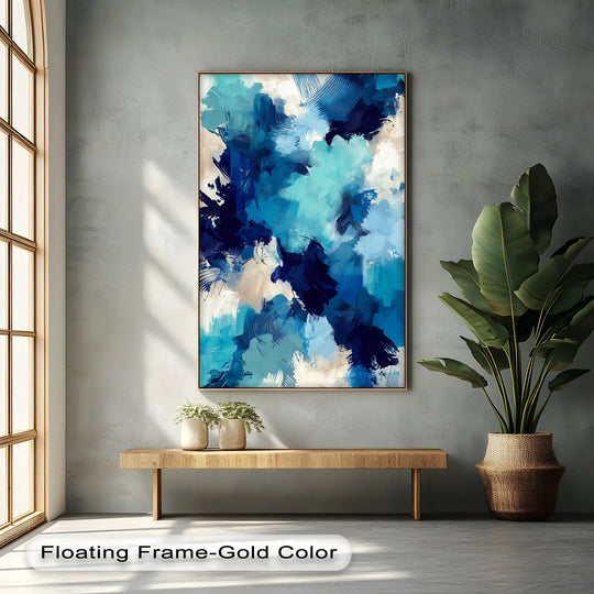 The focal point features bold abstract brushwork in this striking cobalt drift framed canvas print, showcasing layered blue hues for stylish interiors.