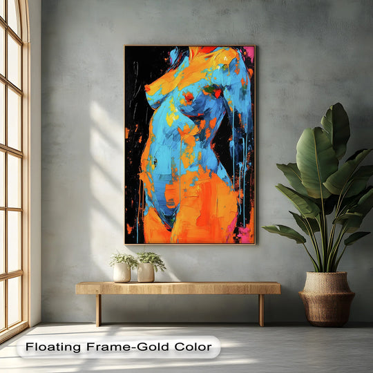 Warm oranges and cool blues contrast sharply in this bold femme silhouette canvas print, creating eye-catching canvas pictures.