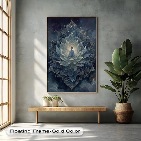 Undulating from the center, this celestial lotus enlightenment canvas painting depicts the mystical Buddha's meditation with a sense of flowing energy.