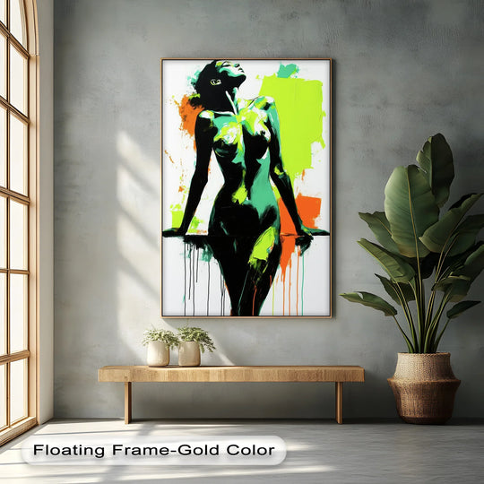 The focal point of this Electric Confidence canvas print showcases an abstract nude figure, rendered in striking neon green and black, exemplifying contemporary canvas art.