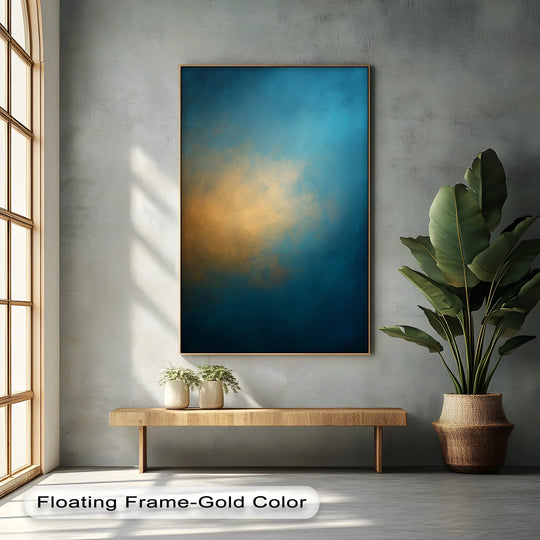 A serene mood emanates from the golden horizon fade, a unique canvas print featuring deep blue and amber tones for a calming effect.