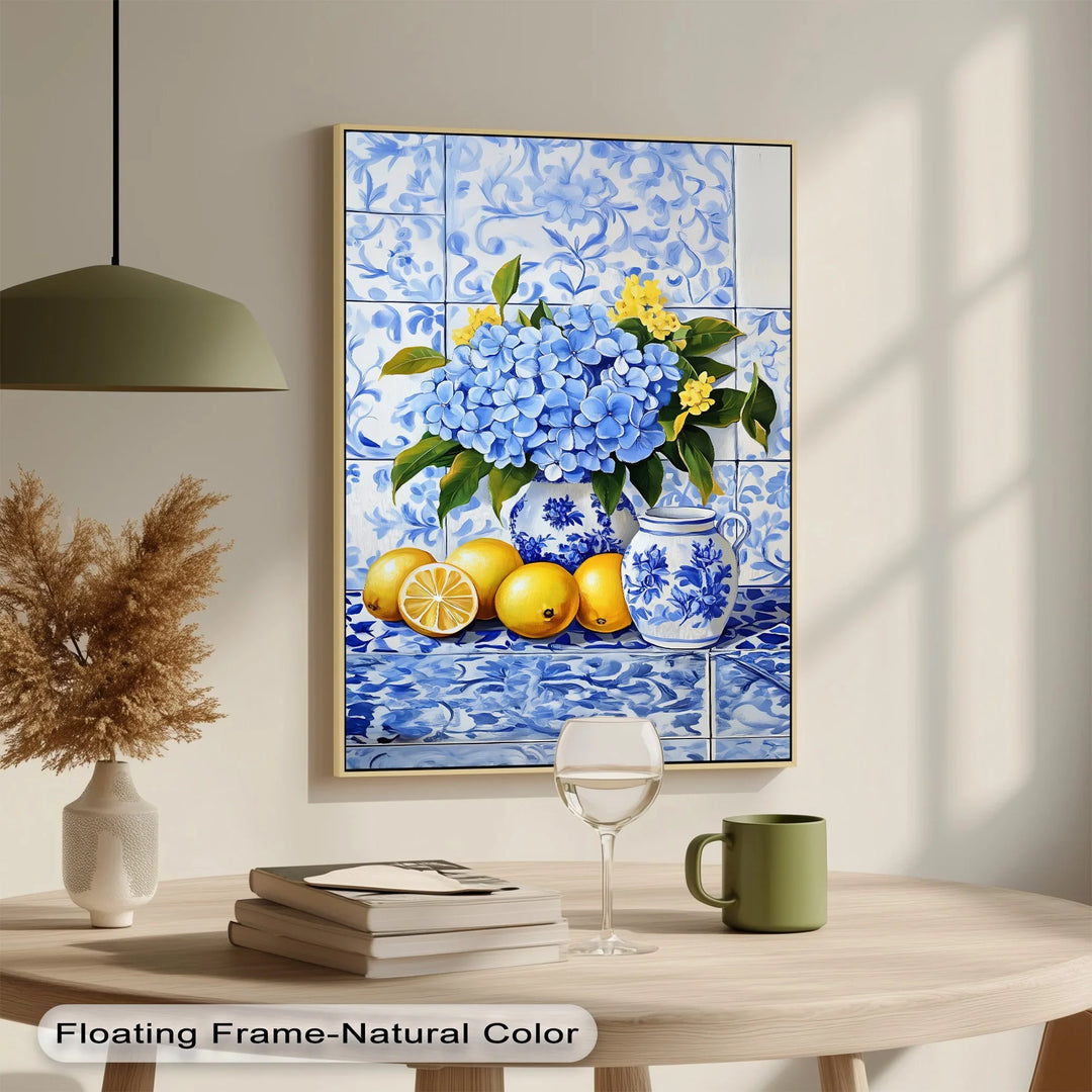 Lemon & Hydrangea Harmony – Blue Tile Floral Kitchen Canvas Print - MyPhotoStation