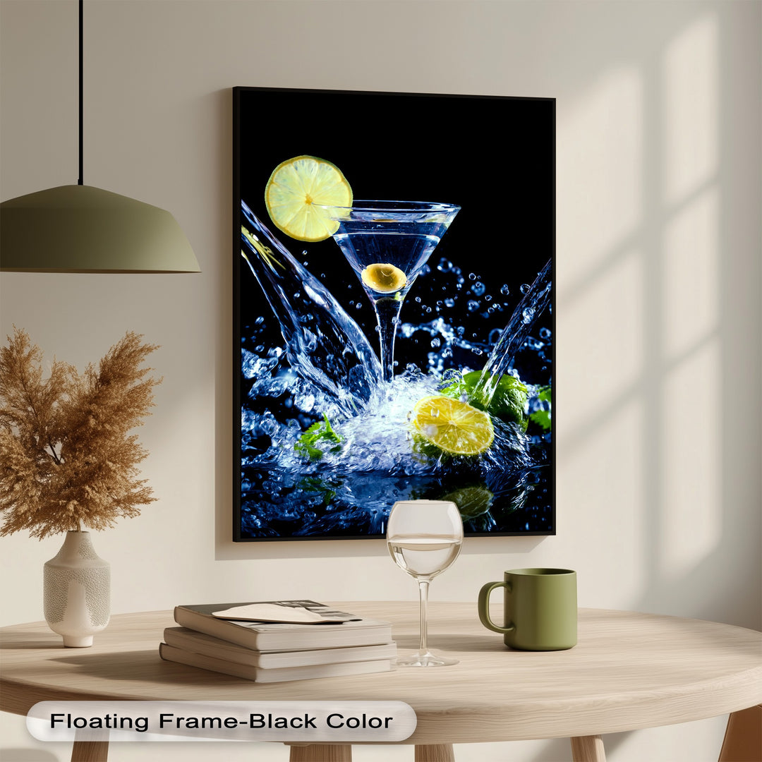 Capturing an invigorating and fresh mood, this high quality canvas prints artwork features a lemon martini splashing with ice and citrus.