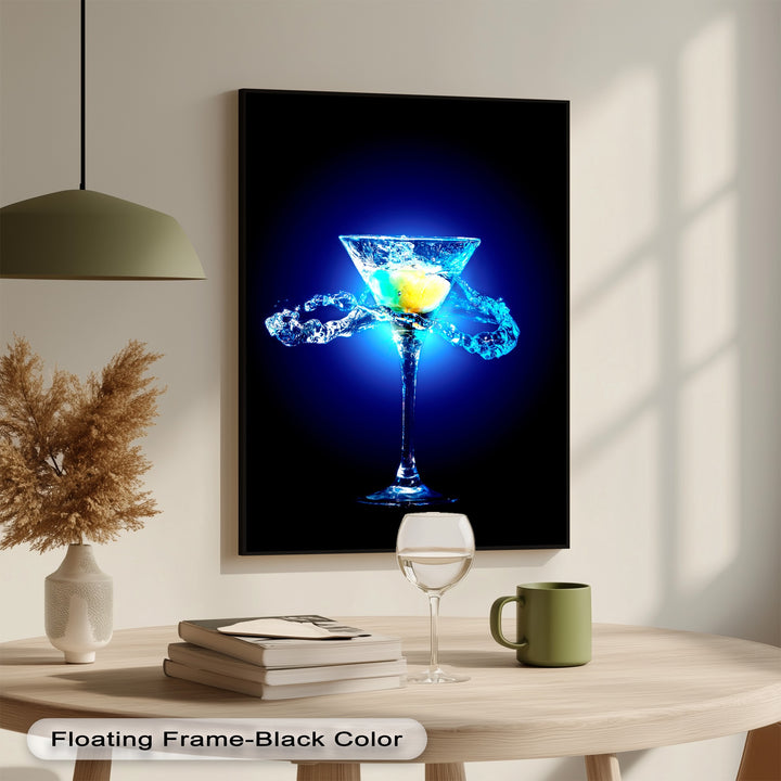 The light beige wall background features subtle shadows, enhancing the bold Blue Martini canvas painting centerpiece on the wooden table.