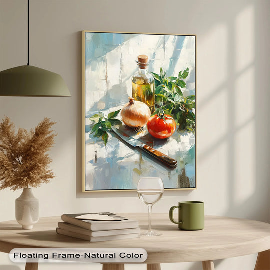Geometric elements highlight the framed rustic kitchen still life canvas art, portraying a tomato, onion, and olive oil bottle in a rectangular composition.