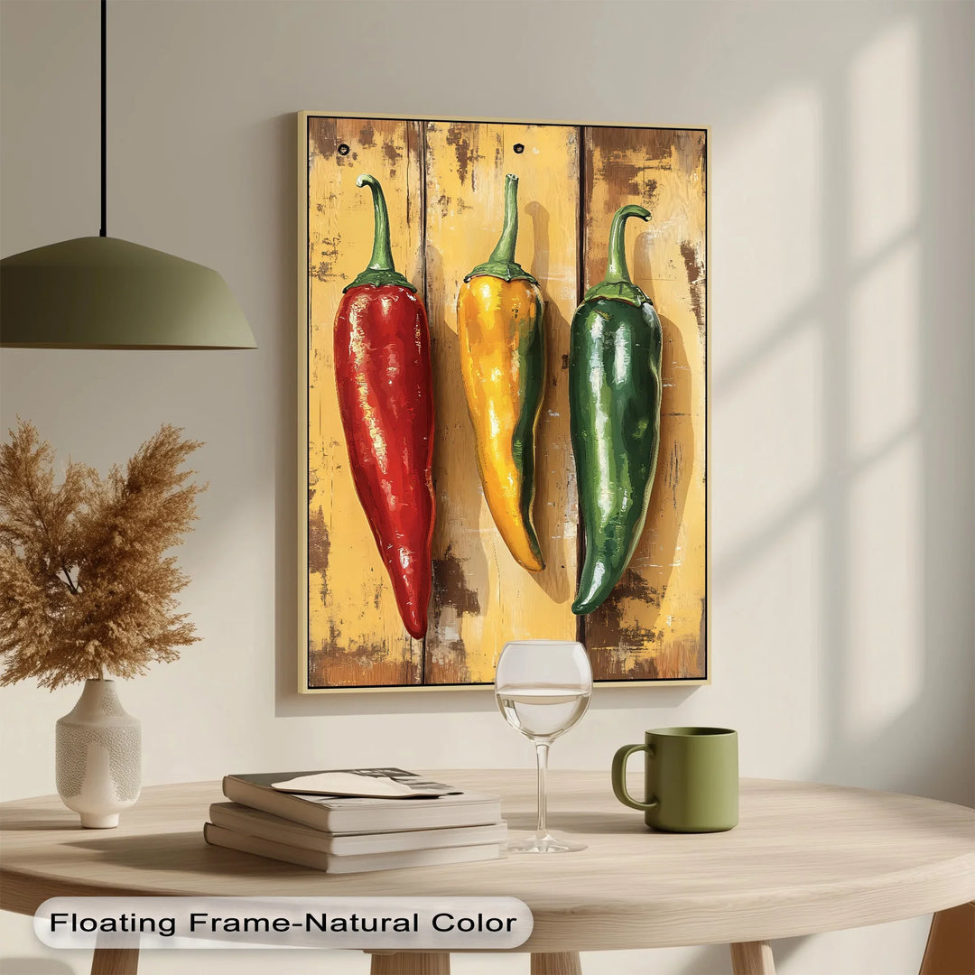 Spicy Trio – Rustic Red, Yellow & Green Peppers Kitchen Canvas Print - MyPhotoStation