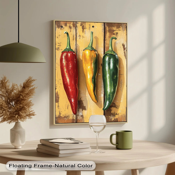 Spicy Trio – Rustic Red, Yellow & Green Peppers Kitchen Canvas Print - MyPhotoStation
