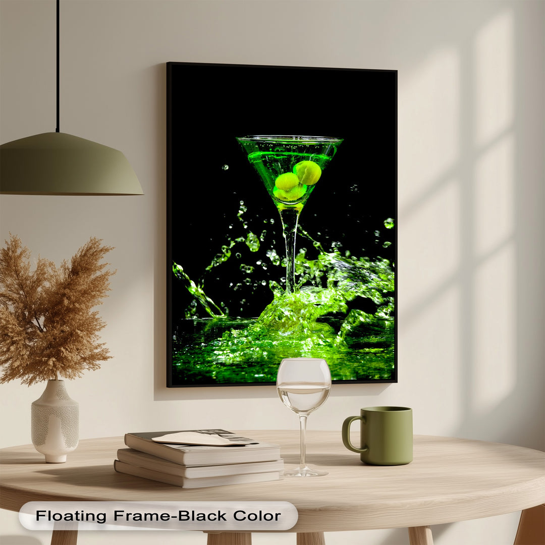 Cool, vivid neon green of the martini splash provides a striking color temperature contrast in these modern canvas pictures.