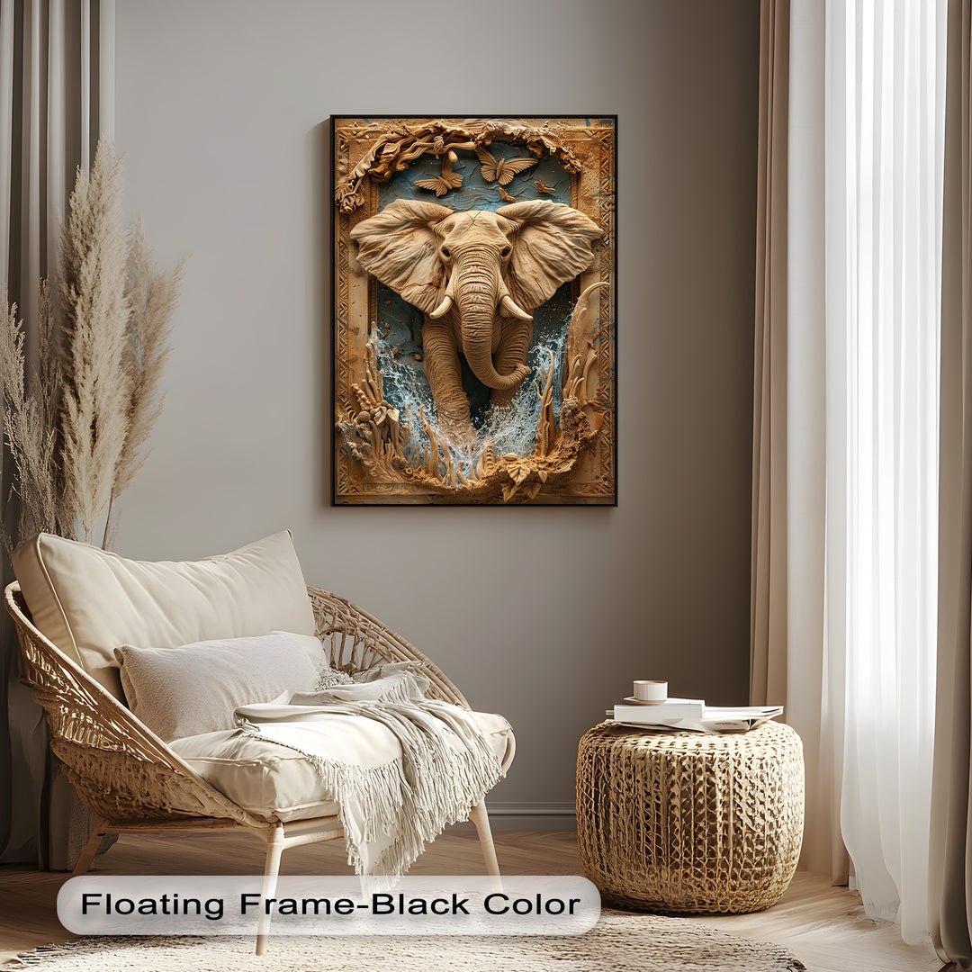 The majestic elephant, depicted in a detailed canvas artwork, emerges from gushing water amidst an ornate frame and delicate butterflies.