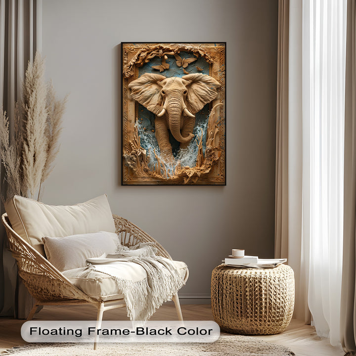 The majestic elephant, depicted in a detailed canvas artwork, emerges from gushing water amidst an ornate frame and delicate butterflies.